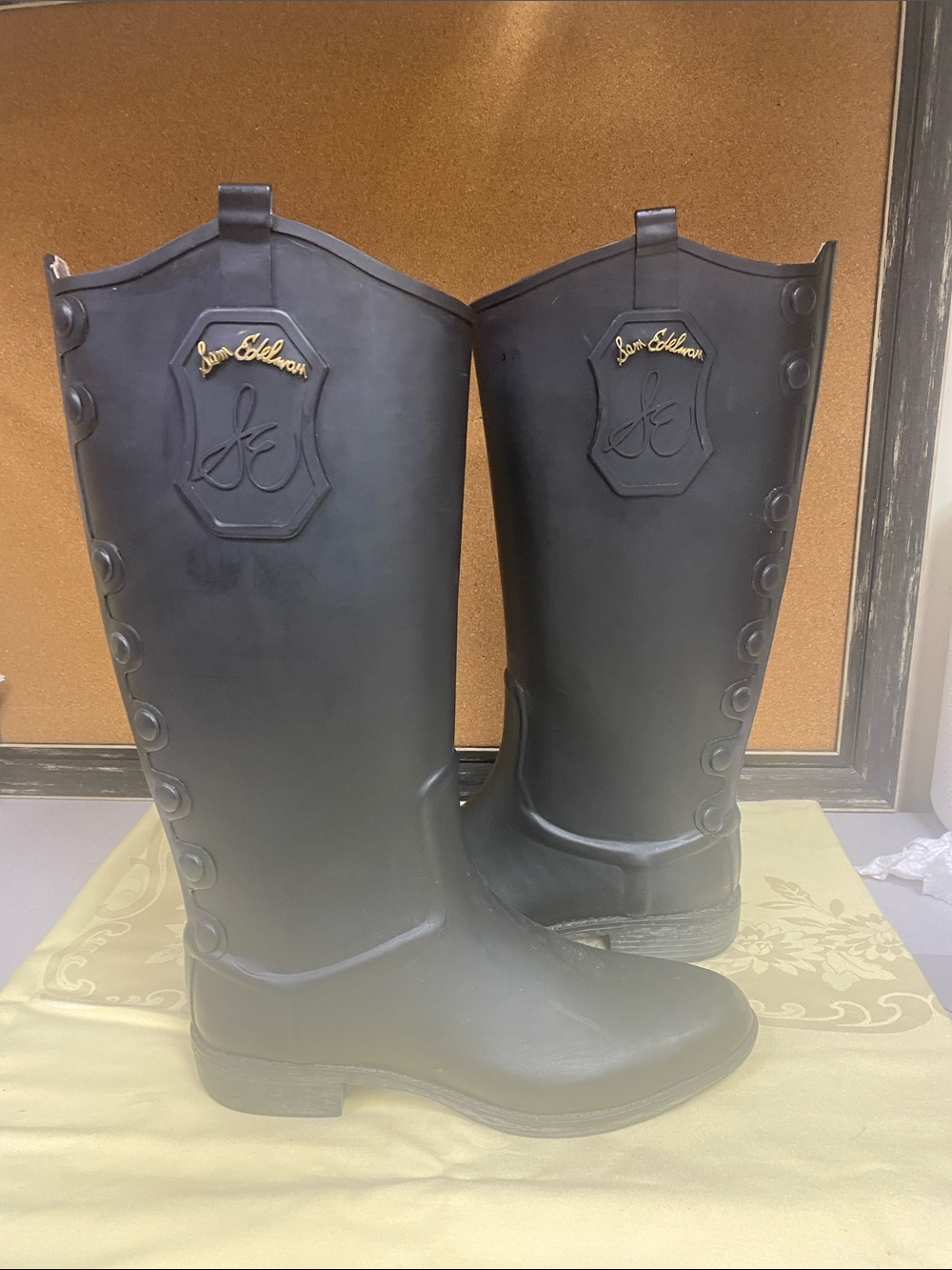 Sam Edelman Black Matte Rubber Knee-High Riding Boots with Gold Logo